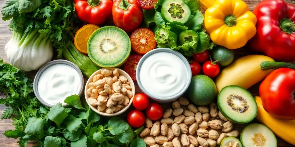 Colorful gut healing foods on a wooden table.