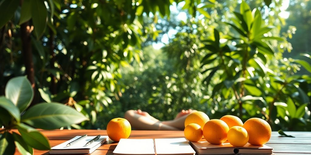 Person meditating in a tranquil nature-inspired workspace.