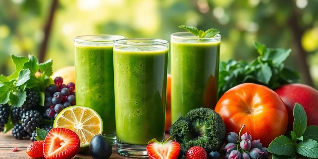 Healthy green smoothies and fresh fruits for detox.